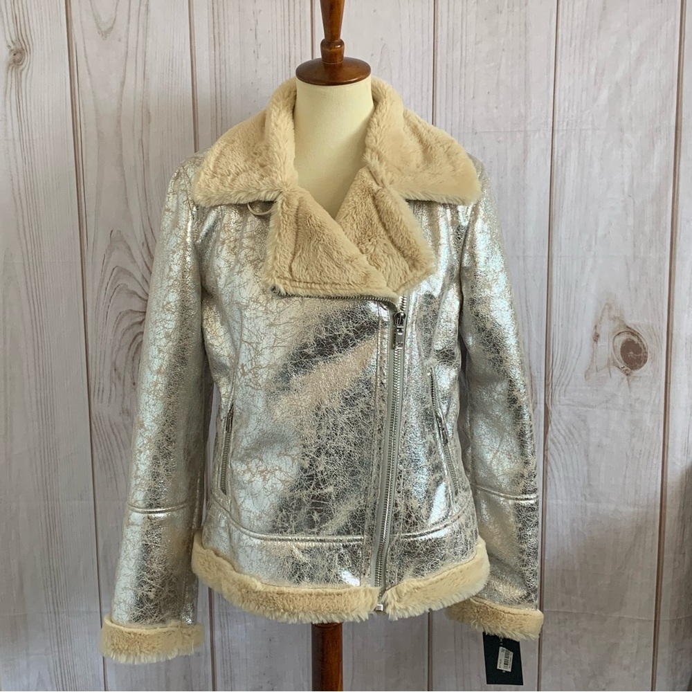 Tommy Hilfiger Women's Size M Metallic Shearling Jacket Moto Silver